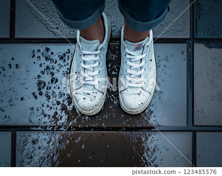 Wet roads and sneakers: going out during the rainy season 123485576