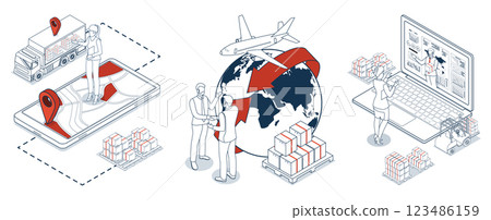 3D isometric scenes depicting multi modal export import operations with Delivery autonomous robots AMR, AGV in a modern warehouse with advanced logistics and supply chain management solutions. 3D isometric scenes depicting multi modal export import operations with Delivery autonomous robots AMR, AGV in a modern warehouse with advanced logistics and supply chain management solutions. 123486159