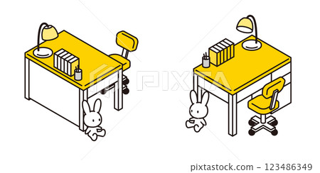 從正面和背面看到的書桌套裝的簡單等距圖示 123486349