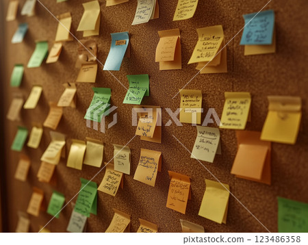 Colorful post-it notes on the wall 123486358
