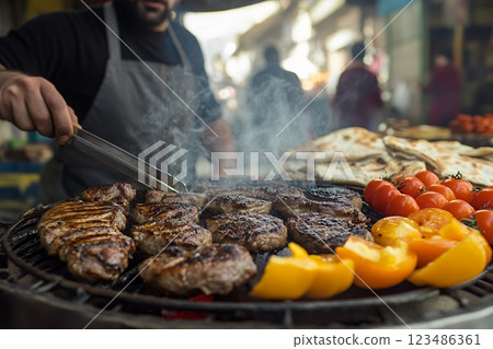 市場攤位燒烤的多汁烤牛排和蔬菜| 123486361