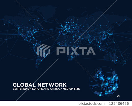 World map dot map with focus on Europe and Africa continents and digital global network 123486426