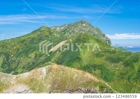 Mount Okudainichi seen from Raicho-so Mountain climbing in the Northern Alps Mount Tsurugi 123486559
