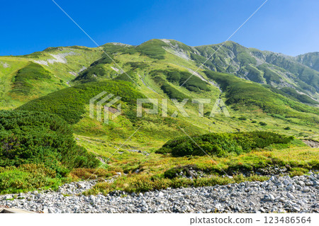 View of Raichozawa and Betsuyama Norikoshi from the Raichozawa trailhead. Climbing Mount Tsurugi in the Northern Alps. View of Raichozawa and Betsuyama Norikoshi from the Raichozawa trailhead. Climbing Mount Tsurugi in the Northern Alps. 123486564