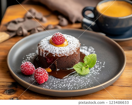 Chocolate fondant overflowing with melting chocolate and espresso 123486633