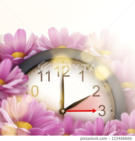 Spring Forward. Daylight saving time. Realistic clock and chrysanthemum flowers Spring Forward. Daylight saving time. Realistic clock and chrysanthemum flowers 123486666