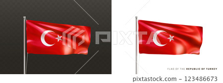 Realistic national flag of Republic of Turkey on metal flagpole 123486673