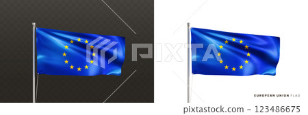 Realistic European Union flag on a metal flagpole 123486675