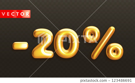 Minus 20. Metallic twenty percent. Golden 3d off discount numbers 123486691