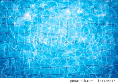Swimming pool bottom caustics ripple and flow with waves background. Summer background. Texture of water surface. Overhead view. Vector illustration background 123486837