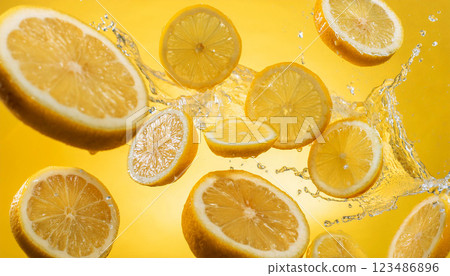 Yellow background with lots of lemons scattered 123486896