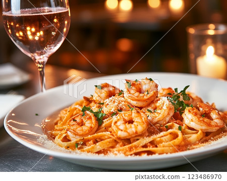 奢華的番茄奶油義大利麵搭配肥美的蝦仁和玫瑰紅酒 123486970