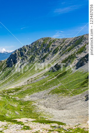 The northern peak of Mt. Betsuyama and the Tsurugisawa valley seen from Mt. Tsurugi-Gozenyama. Climbing Mt. Tsurugi in the Northern Alps 123487056