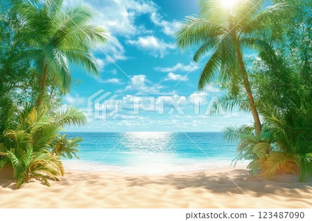Sunny tropical Caribbean beach with palm trees and turquoise water, caribbean island vacation, hot summer day. 3D render. 123487090