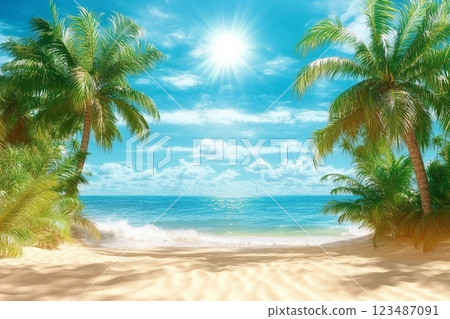 Sunny tropical Caribbean beach with palm trees and turquoise water, caribbean island vacation, hot summer day. 3D render. Sunny tropical Caribbean beach with palm trees and turquoise water, caribbean island vacation, hot summer day. 3D render. 123487091