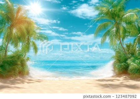 Sunny tropical Caribbean beach with palm trees and turquoise water, caribbean island vacation, hot summer day. 3D render. 123487092