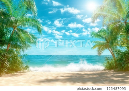 Sunny tropical Caribbean beach with palm trees and turquoise water, caribbean island vacation, hot summer day. 3D render. 123487093