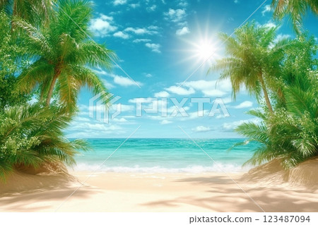 Sunny tropical Caribbean beach with palm trees and turquoise water, caribbean island vacation, hot summer day. 3D render. Sunny tropical Caribbean beach with palm trees and turquoise water, caribbean island vacation, hot summer day. 3D render. 123487094
