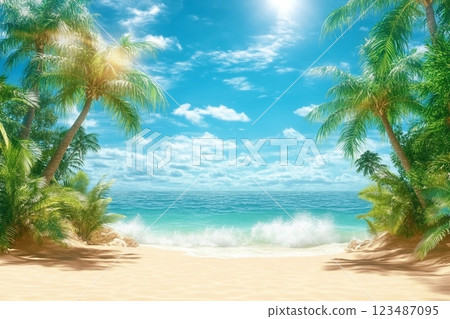 Sunny tropical Caribbean beach with palm trees and turquoise water, caribbean island vacation, hot summer day. 3D render. Sunny tropical Caribbean beach with palm trees and turquoise water, caribbean island vacation, hot summer day. 3D render. 123487095