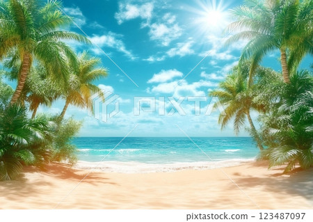 Sunny tropical Caribbean beach with palm trees and turquoise water, caribbean island vacation, hot summer day. 3D render. Sunny tropical Caribbean beach with palm trees and turquoise water, caribbean island vacation, hot summer day. 3D render. 123487097