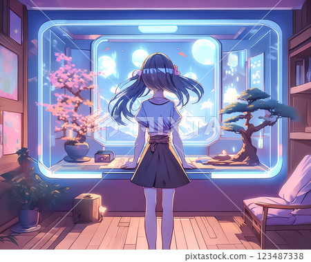 圖：一個女孩正注視著房間裡的一塊大顯示屏 123487338