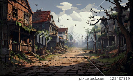 復古遊戲風格自然像素藝術背景(廢棄小鎮)生成人工智慧 復古遊戲風格自然像素藝術背景(廢棄小鎮)生成人工智慧 123487519