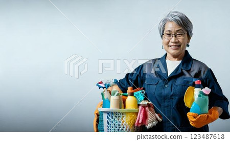 Cleaning staff with cleaning tools 123487618