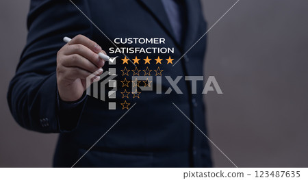 Businessmen rate their satisfaction with various business services via a virtual screen. Customer survey feedback review quality success performance evaluation choice online. Positive opinion. Businessmen rate their satisfaction with various business services via a virtual screen. Customer survey feedback review quality success performance evaluation choice online. Positive opinion. 123487635