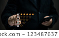Businessmen press rate their satisfaction with various business services via a virtual mobile screen. Customer survey feedback review quality success performance evaluation choice online. Positive. 123487637