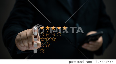 Businessmen press rate their satisfaction with various business services via a virtual mobile screen. Customer survey feedback review quality success performance evaluation choice online. Positive. Businessmen press rate their satisfaction with various business services via a virtual mobile screen. Customer survey feedback review quality success performance evaluation choice online. Positive. 123487637