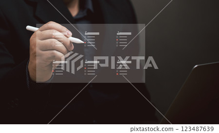 Businessmen rate their satisfaction with various business services by pen via a virtual mobile screen. Customer survey feedback review quality success performance evaluation choice online. Positive. 123487639