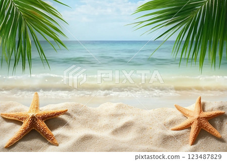 Tropical beach with sea star in sand, copyspace for text. Concept of summer relaxation 123487829