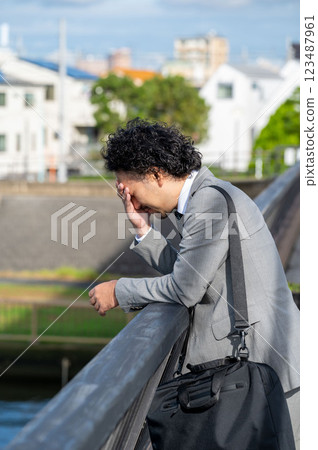 Businessman looking at the sunset on a bridge Businessman looking at the sunset on a bridge 123487961