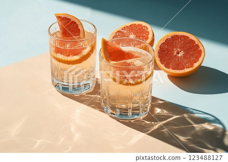Two glasses of drink with slices of fresh grapefruit against bright beige and blue background. Creative minimal summer concept. Sunny day shadows. 123488127