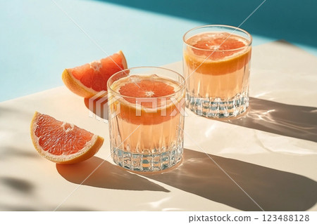 Two glasses of drink with slices of fresh grapefruit against bright beige and blue background. Creative minimal summer concept. Sunny day shadows. 123488128