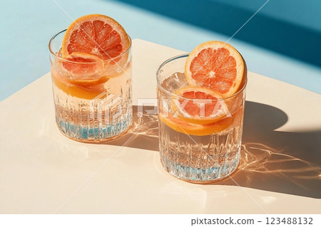 Two glasses of drink with slices of fresh grapefruit against bright beige and blue background. Creative minimal summer concept. Sunny day shadows. 123488132