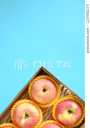 beautiful pink apple in the box on blue background 123488273