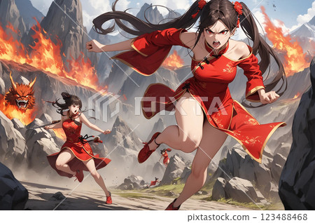 Beautiful girl fighting in a Chinese dress 123488468