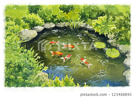 Goldfish in a pond painted with watercolors 123488691