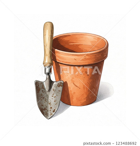 Illustration of a shovel and a clay pot Illustration of a shovel and a clay pot 123488692