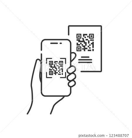 QR 碼付款和掃描圖示 智慧型手機支付和無現金支付的簡單線條畫 QR 碼付款和掃描圖示 智慧型手機支付和無現金支付的簡單線條畫 123488707