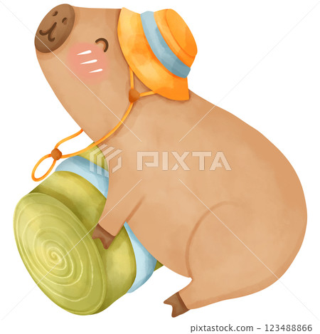 Capybara in camping theme, hand drawn watercolor 123488866