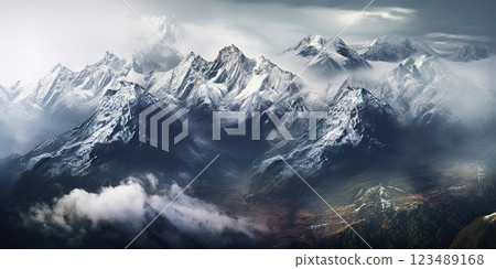 Dramatic snow-capped mountains landscape. Clouds and fog covers stone slopes. Generative AI Dramatic snow-capped mountains landscape. Clouds and fog covers stone slopes. Generative AI 123489168