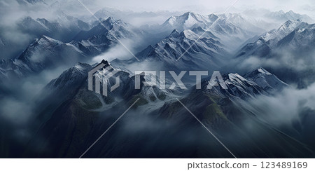 Dramatic snow-capped mountains landscape. Clouds and fog covers stone slopes. Generative AI Dramatic snow-capped mountains landscape. Clouds and fog covers stone slopes. Generative AI 123489169