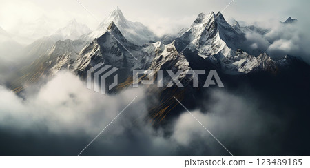 Dramatic snow-capped mountains landscape. Clouds and fog covers stone slopes. Generative AI 123489185