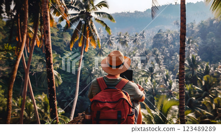 adventurer in a tropical jungle landscape wearing a backpack and hat exploring the wilderness 123489289