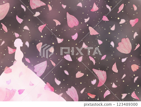 Silhouette of a bride standing sideways as cherry blossom petals fly in the night sky. An illustration of a glamorous night party scene. 123489300