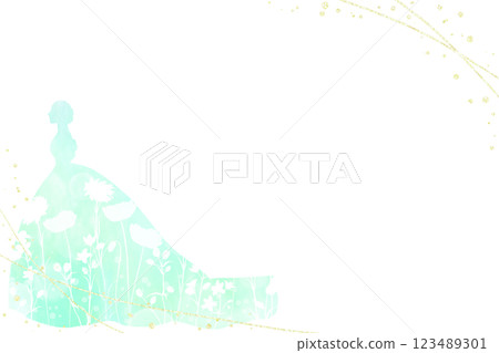 一位新娘身穿帶有花朵圖案的綠色婚紗的畫面。一幅適合慶祝的華麗插圖。 一位新娘身穿帶有花朵圖案的綠色婚紗的畫面。一幅適合慶祝的華麗插圖。 123489301