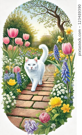 一條開滿鮮花的小路和一隻行走的白貓 123489390