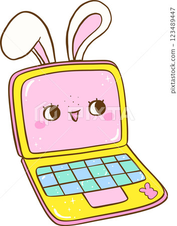 Easter School Bunny Ears Laptop Cartoon Hand Drawn 123489447